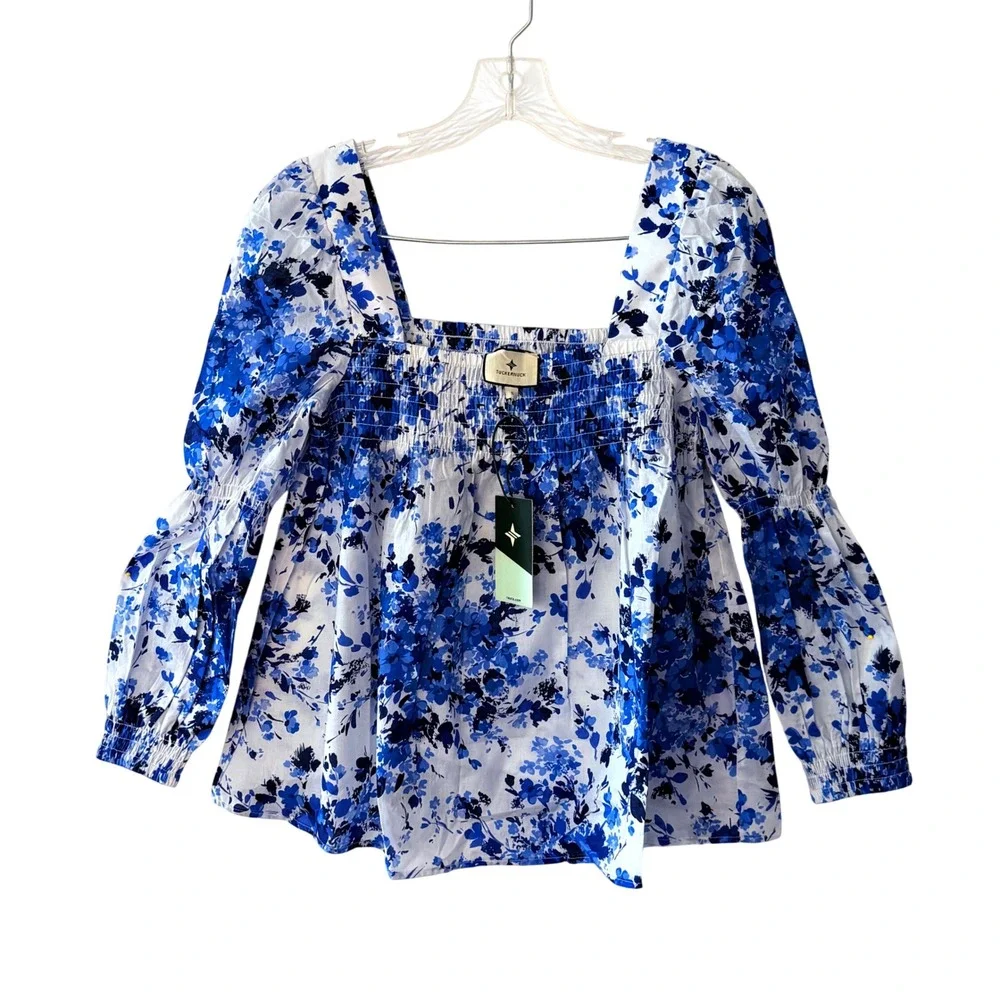 NWT! $155 TUCKERNUCK Blue Floral Smocked Preppy Cottagecore Boho Blouse SMALL